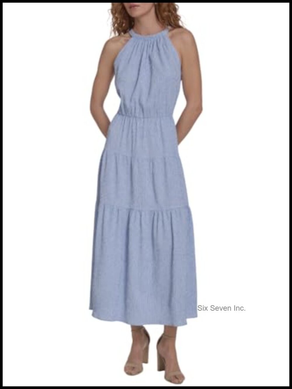 Sleeveless Halter Neck Seersucker Tiered Skirt Maxi Dress Women's